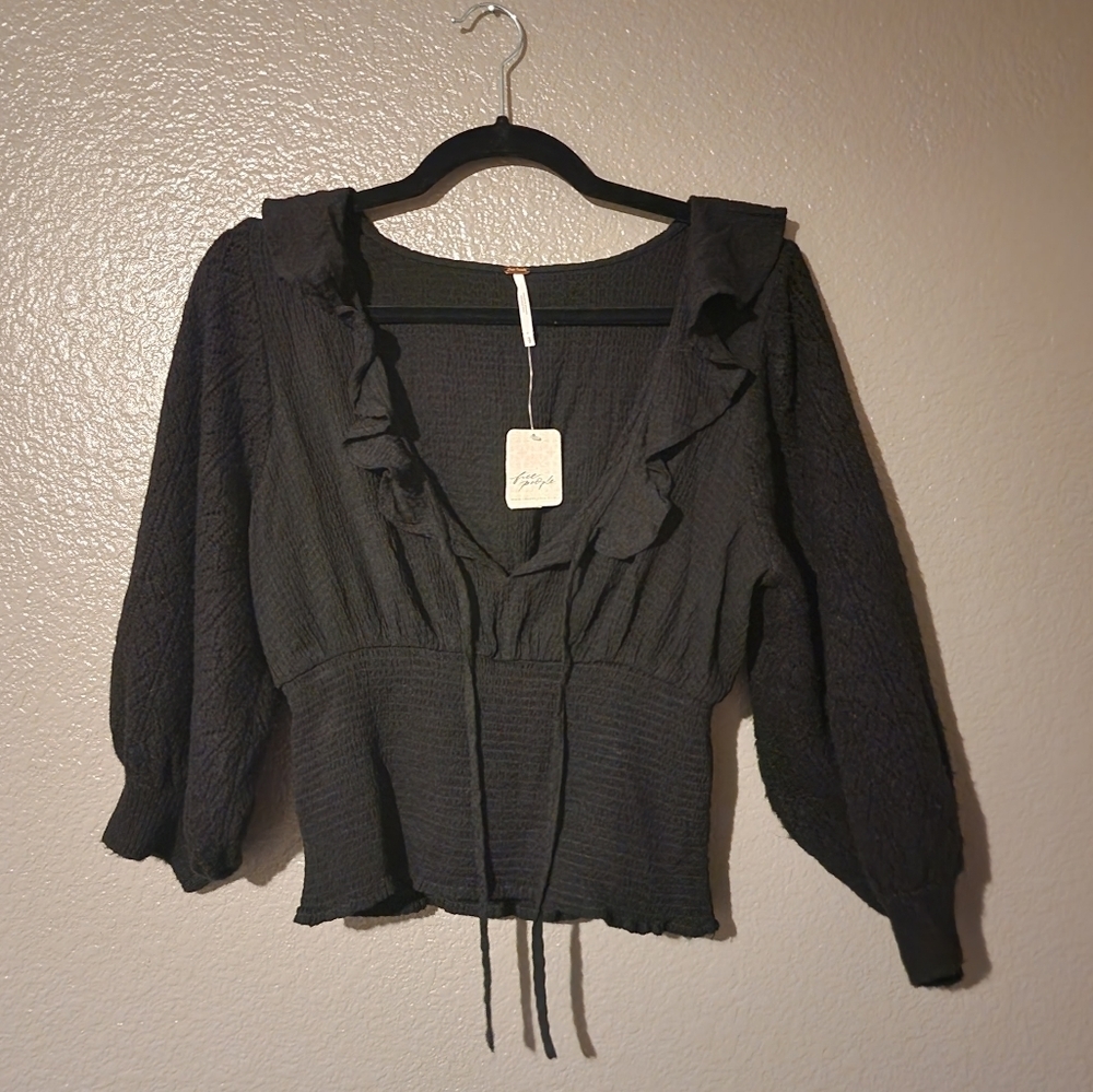Free People Black Ruffled Blouse